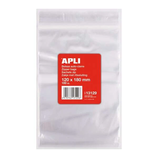 Apli Pacote de 100 Sacos Autovedantes 120 x 180 mm - Selo Seguro - Adequado para Alimentos