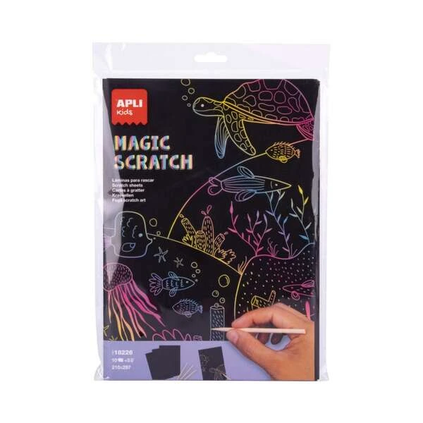Apli Magic Scratch Sheets para arranhar - Tamanho A4 - 10 folhas, 5 ferramentas - diferentes cores de fundo