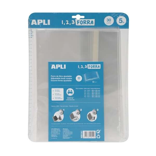 Apli Pacote de 5 Forros para Livros com Aba Ajustável 300 mm - PP - Forro em 3 Passos