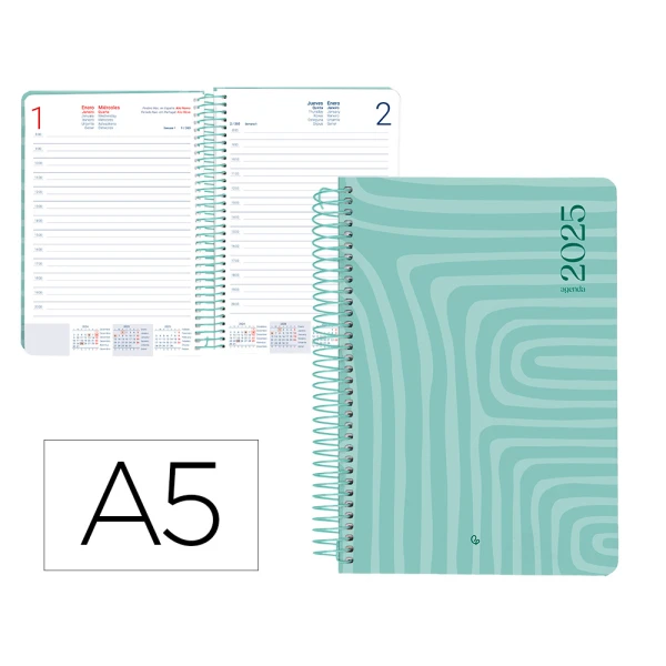 Agenda espiral liderpapel syros a5 2025 dia pagina cor turquesa papel 60 gr