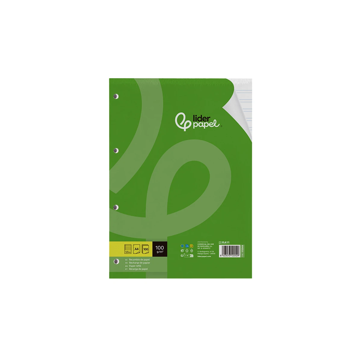 Recambio liderpapel a4 100 hojas 100g/m2 pauta 4 3,5mm con margen 4 taladros