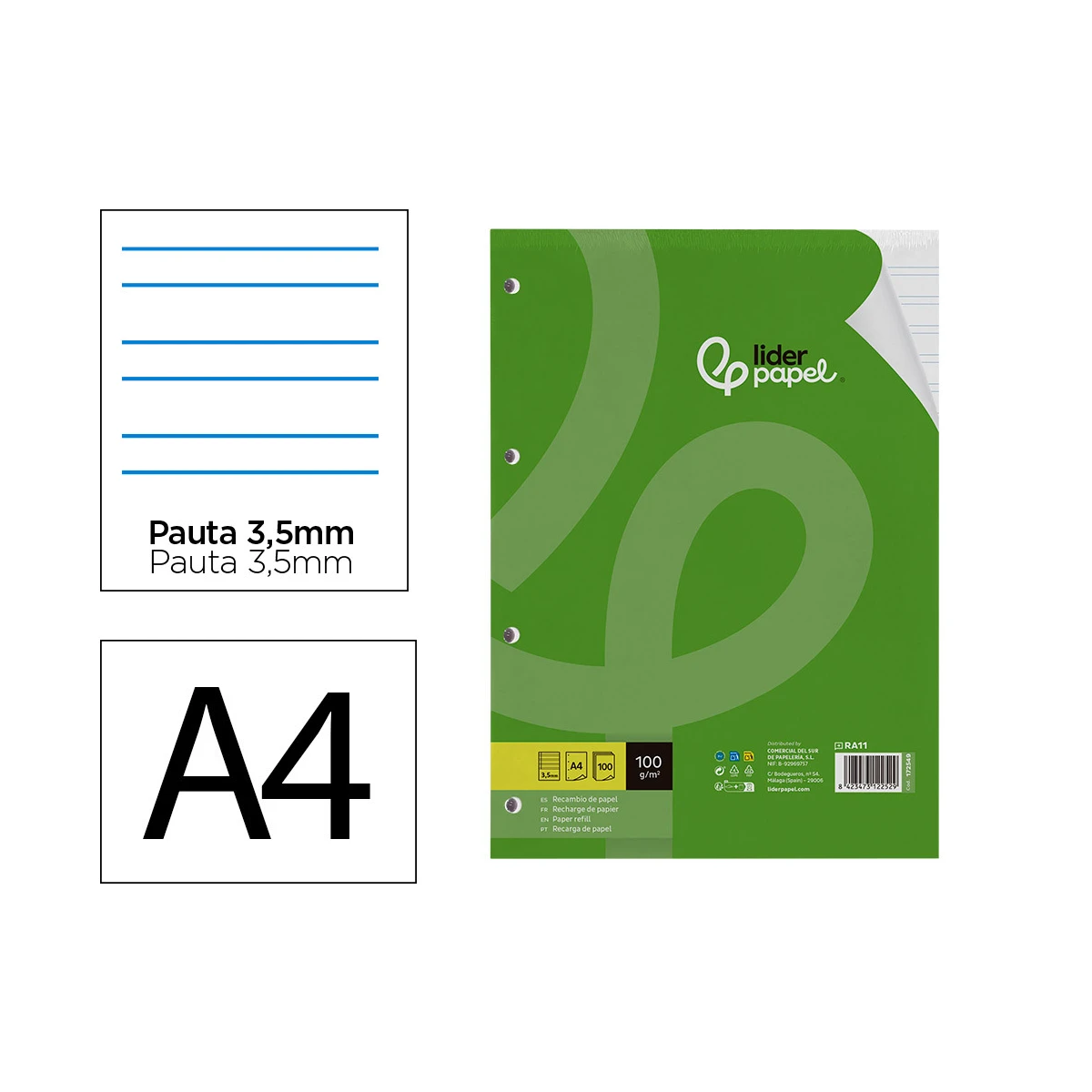 Recambio liderpapel a4 100 hojas 100g/m2 pauta 4 3,5mm con margen 4 taladros