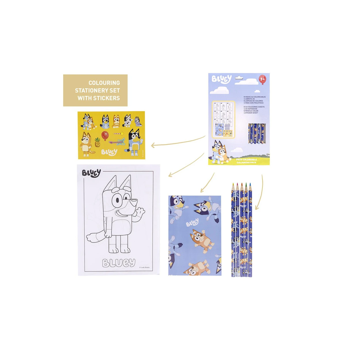 Conjunto de artigos papelaria cerda colorir bluey