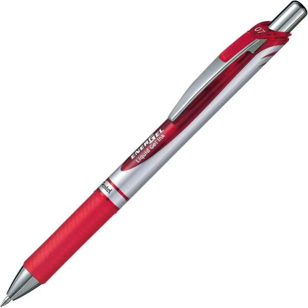 Caneta Esferográfica Retrátil Pentel Energel Tinta Gel - Ponta 0,7mm - Curso 0,35mm - Recarregável - Grip Grip - Clipe de Metal - 54% Materiais Reciclados - Cor Vermelha