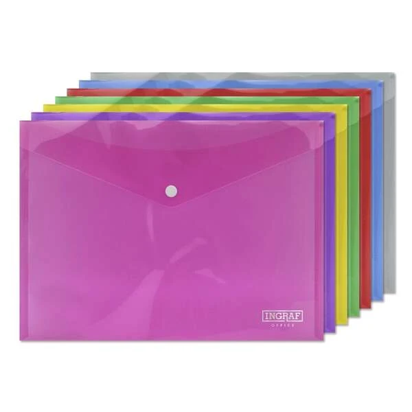 Ingraf Pacote de 10 envelopes com fecho de pressão - Polipropileno - Tamanho A4 - Cores Sortidas