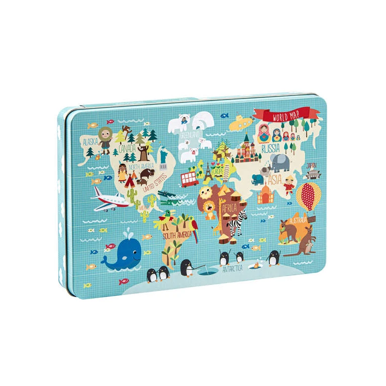 App Kids World Map Puzzle - 24 peças de 8x8mm - Caixa de metal retangular - Design exclusivo de Martina Hogan - Fácil de usar - 2mm de espessura - Desenvolvimento de habilidades - Colorido e transparente