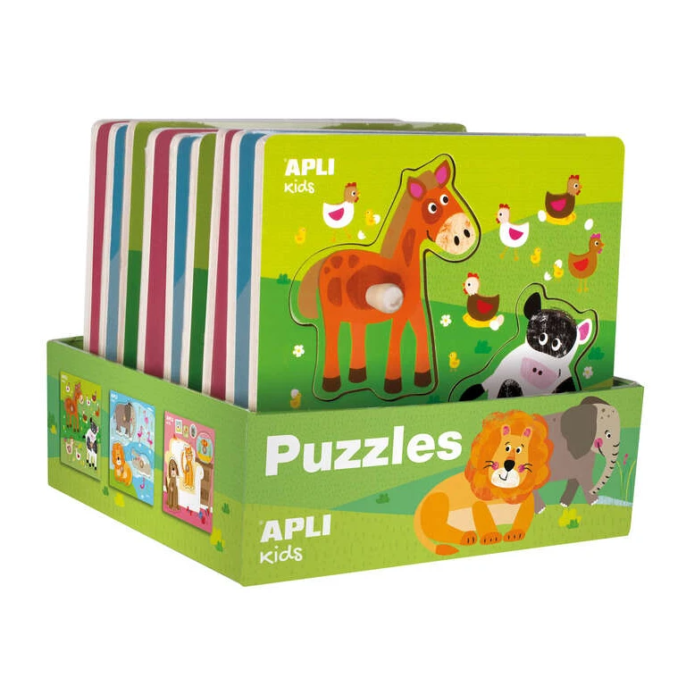 Aplique Expositor de Quebra-cabeças de Madeira Tema Animal Infantil - 20x20 cm - 9 Quebra-cabeças com Guia Impresso - Alto Valor Educacional - Ilustração Exclusiva de Liza Lewis - Cor Natural