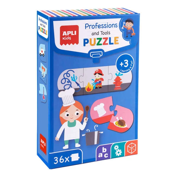 App Puzle Profissões e Ferramentas - 36 Peças de 7x7 cm - Cartão 2mm com Acabamento Brilhante - Desenvolve Habilidades e Capacidades - Ideal para Crianças de 3 Anos - Colorido