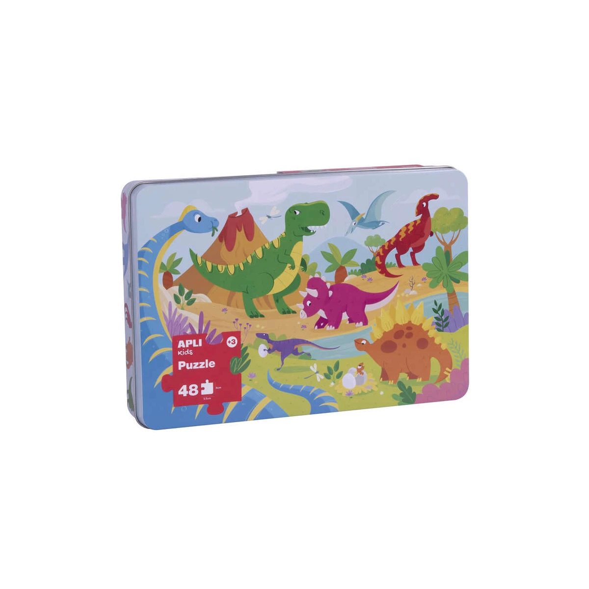 Apli Kids Puzle Dinosaurios - 48 Peças de 5,5x6cm - Caixa Metálica Retangular - Design Infantil Exclusivo, Colorido, Claro e Simples - Peças Resistentes e Seguras - Espessura de 2mm com Acabamento Brilhante e Indiano nas Costas
