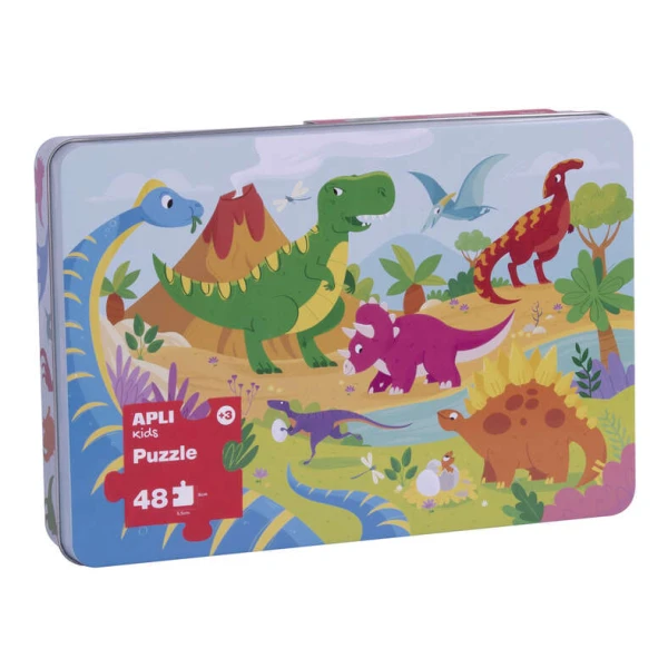 Apli Kids Puzle Dinosaurios - 48 Peças de 5,5x6cm - Caixa Metálica Retangular - Design Infantil Exclusivo, Colorido, Claro e Simples - Peças Resistentes e Seguras - Espessura de 2mm com Acabamento Brilhante e Indiano nas Costas
