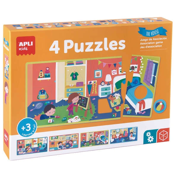 Home Association Puzzle App - 4 xxl quebra-cabeças de 4 peças - Elementos geométricos recortados - Potência fina psicomotora e concentração - Colorido