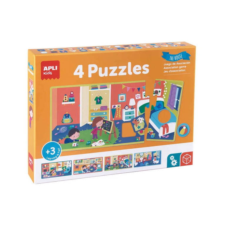 Home Association Puzzle App - 4 xxl quebra-cabeças de 4 peças - Elementos geométricos recortados - Potência fina psicomotora e concentração - Colorido