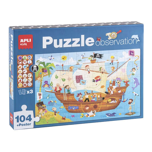 Aplicativo de quebra-cabeça de observação de navio pirata de 104 peças de 5x5cm - Inclui pôster e 3 folhas - Fácil de usar - Desenvolve habilidades e autoestima - Recomendado para crianças a partir de 5 anos