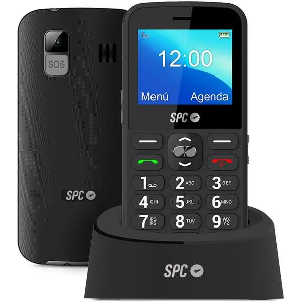 Celular SPC para Idosos - Teclas e números grandes - Botão SOS - Notificações e campainha inteligentes - Base de carregamento - Confortável e fácil de usar - Cor preta