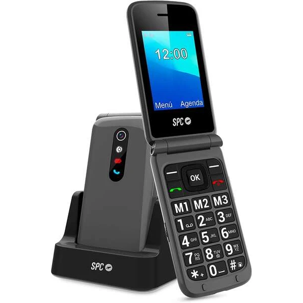 Botão SOS para Telemóvel SPC - Capa para Idosos - Botão de Emergência - Botões e Chaves Grandes - Assistência Remota Inteligente - Acesso Direto a Três Contactos - Base de Carregamento e Conector USB Tipo C - Cor Titânio