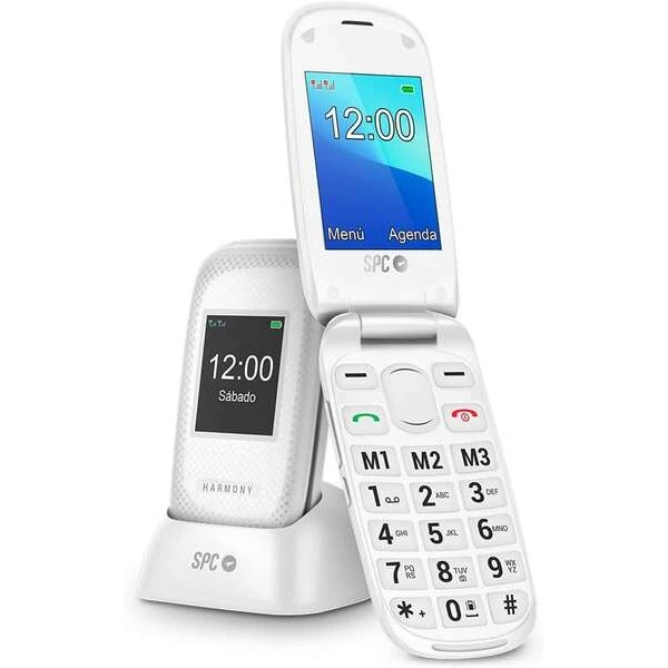 Celular SPC para Idosos com Botões Grandes - Botões Capa e Retroiluminados - Botão SOS e Botões de Discagem Direta - Controle Remoto Via SMS - Tela Dupla, Base de Carregamento e Conectividade - Cor Branco