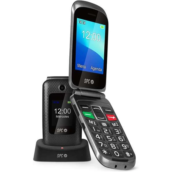 Celular SPC Magnus - Shell Design - Teclas Grandes - Botão SOS - Base de Carregamento USB-C - Volume da Campainha 95Db - Compatível com Fones de Ouvido - 2 Telas - Notificações Inteligentes - Chamadas Diretas sem Agenda - Cor Preto