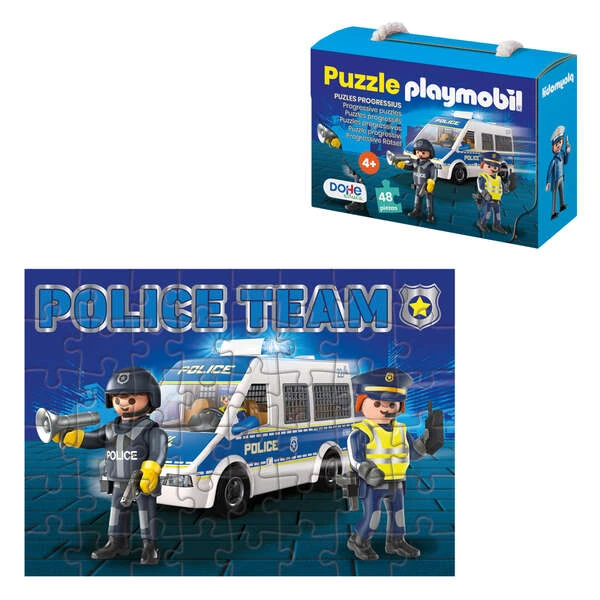 Quebra-cabeça Dohe Playmobil para crianças de 48 peças - Tema policial - Dupla camada de papelão - Camada intermediária de compensado - Estimula a imaginação e o raciocínio - Cores e desenhos atraentes