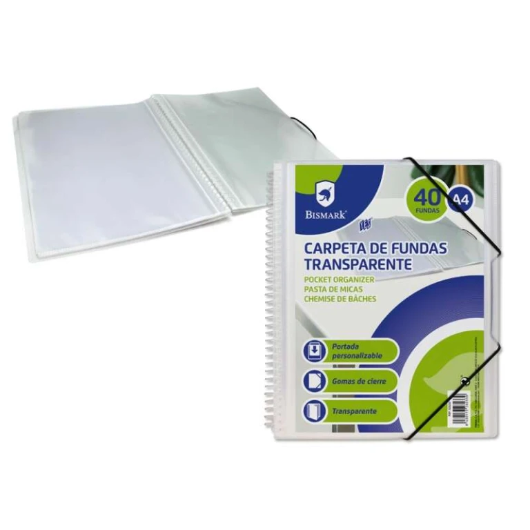 Pasta Espiral Bismark com 40 Capas Transparentes A4 - Polipropileno - Capa Personalizável - Espiral de Plástico Não Deformável - Abertura 360 Graus - Fecho de Borracha
