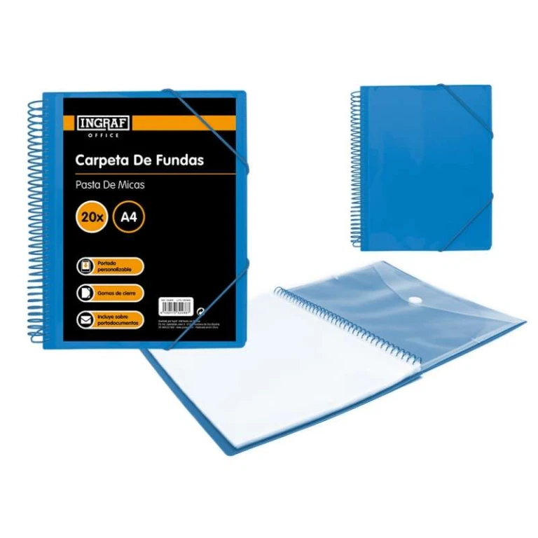 Pasta Ingraf 20 Capas A4 + Envelope com Fivela - Espiral Plástico Indeformável - Abertura 360 Graus - Capa Personalizável - Cor Azul