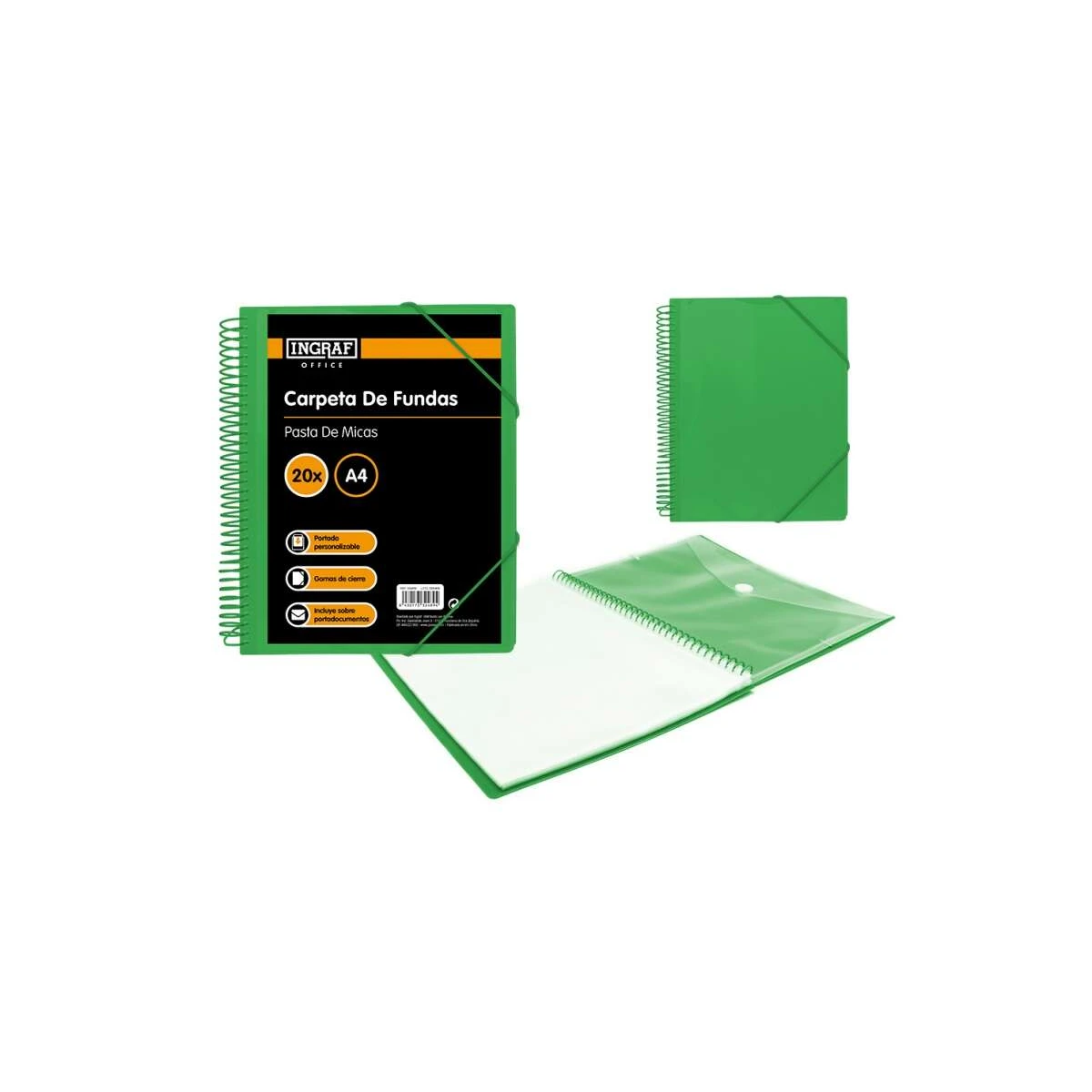 Ingraf Pasta 20 Capas A4 + Envelope com Broche - Espiral Plástica Indeformável - Abertura 360 Graus - Capa Personalizável - Cor Verde