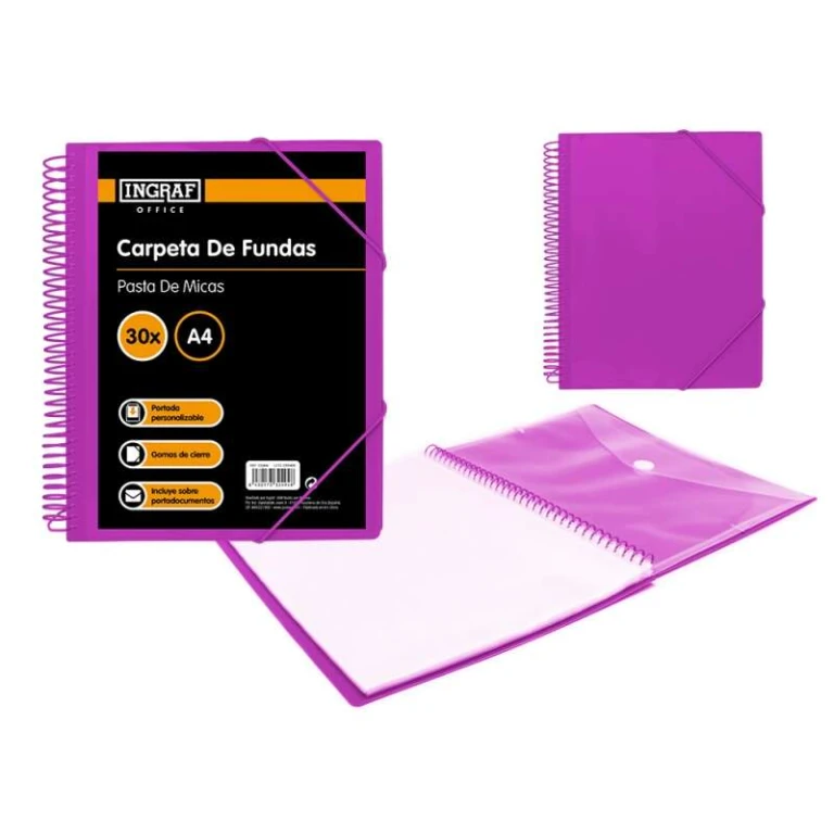 Pasta Ingraf 30 Capas A4 + Envelope com Fivela - Espiral Plástica Indeformável - Abertura 360 Graus - Capa Personalizável - Cor Roxa