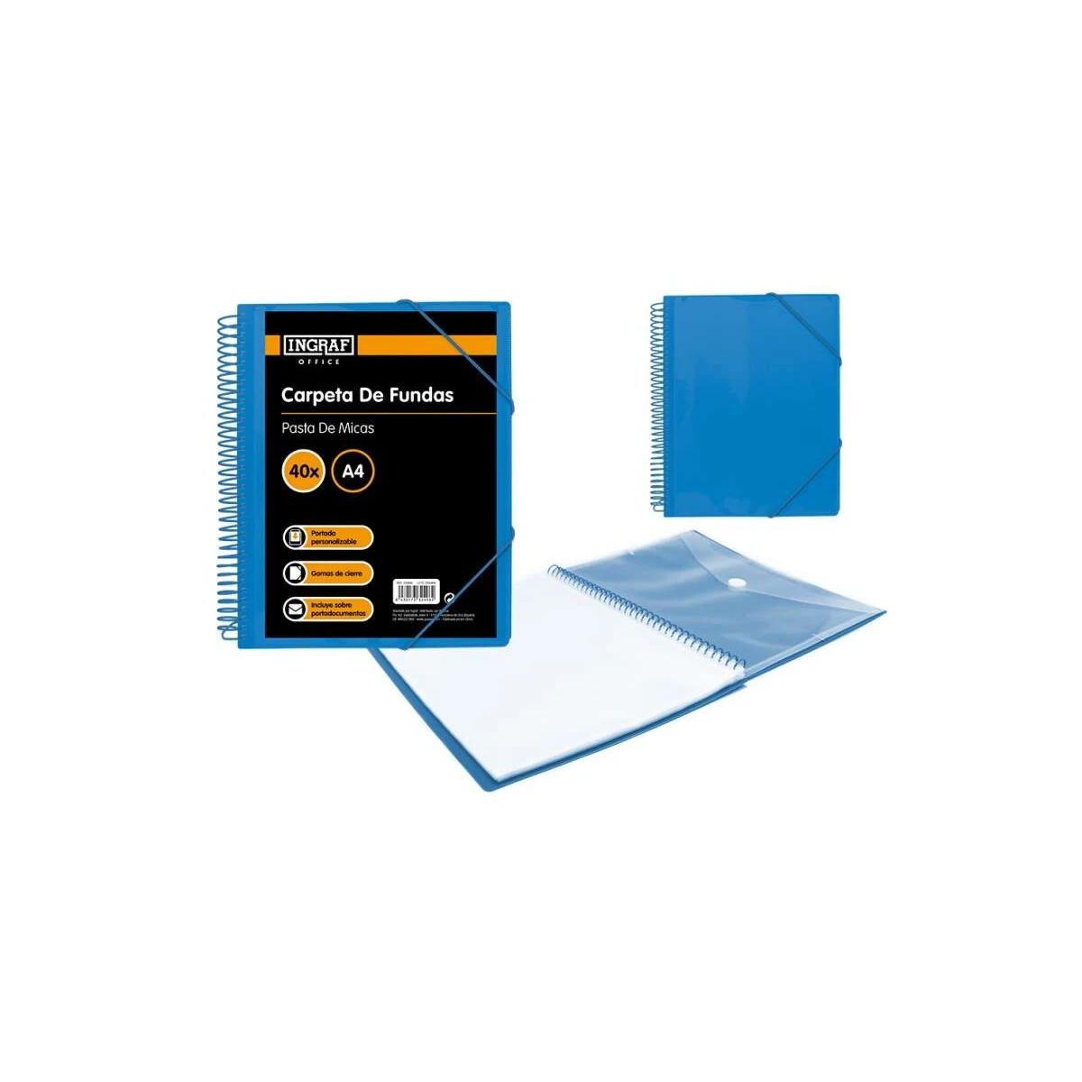 Ingraf Pasta 40 Capas A4 + Envelope com Broche - Espiral Plástica Indeformável - Abertura 360 Graus - Capa Personalizável - Cor Azul