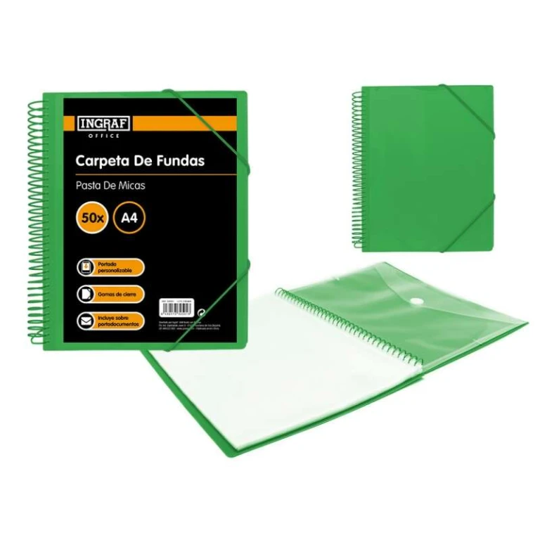 Pasta Ingraf 50 Capas A4 + Envelope com Fivela - Espiral Plástico Indeformável - Abertura 360 Graus - Capa Personalizável - Cor Verde