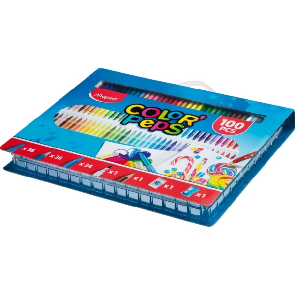 Pacote Maped Color`Peps com 100 peças para colorir - 36 marcadores, 36 lápis, 24 ceras, 1 marcador de ponta de pincel, 1 lápis de grafite, 1 borracha e 1 apontador - cores sortidas