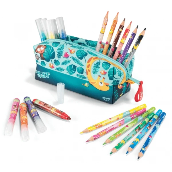 Estojo de tecido para bebê Maped Jungle Fever com 12 lápis coloridos Jumbo Jungle Fever (a partir de 2 anos) e 12 marcadores coloridos Jumbo Jungle Fever (a partir de 1 ano)