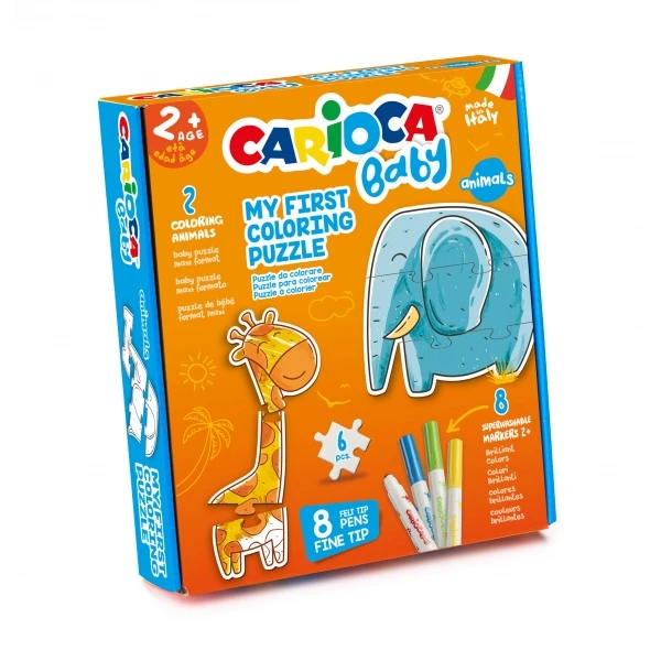 Carioca Coloring Puzzle Animais Bebê 2+ Pacote de Quebra cabeças Super Simples para Crianças - 2 Animais de 3 Peças - Peças para Colorir - 2 Animais de Referência - 8 Marcadores Super Laváveis - Várias Cores