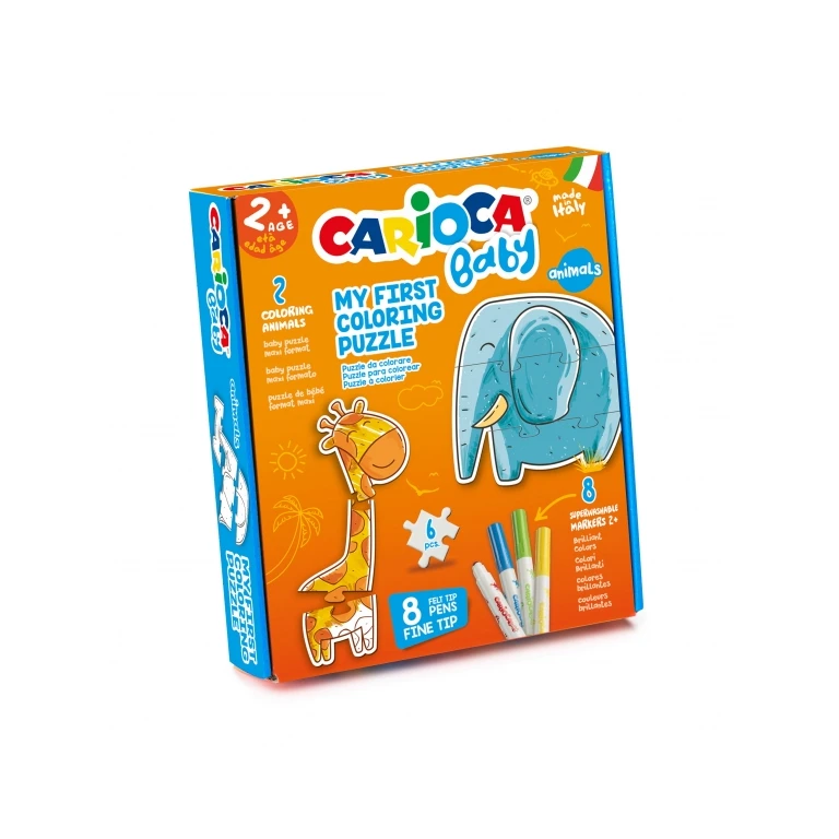Carioca Coloring Puzzle Animais Bebê 2+ Pacote de Quebra cabeças Super Simples para Crianças - 2 Animais de 3 Peças - Peças para Colorir - 2 Animais de Referência - 8 Marcadores Super Laváveis - Várias Cores