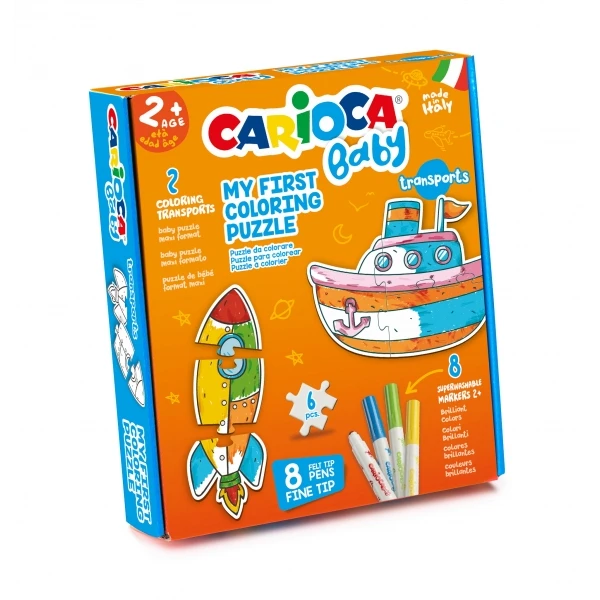 Carioca Coloring Puzzle Transports Baby 2+ Pacote de Puzzles Infantil - 2 Meios de Transporte de 3 Peças - 2 Transportes de Referência - 8 Marcadores Superlaváveis - Várias Cores