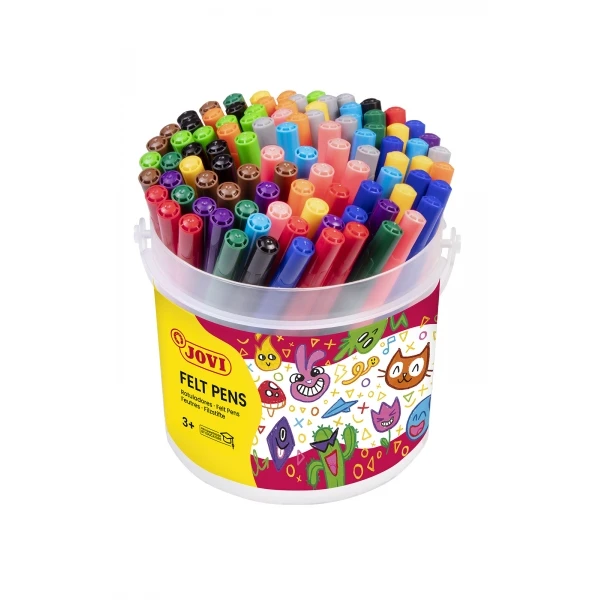 Canetas de Feltro Jovi Caixa com 96 Marcadores - Grande Variedade de Tons - Tinta de Ótima Fixação - Ponta Resistente - Tampa Ventilada - Punho Triangular Ergonômico - Cores Sortidas