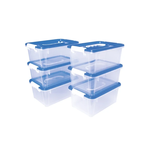 Jovi Pacote de 6 caixas de armazenamento escolar 280x190x130mm - Ideal para material escolar e brinquedos - Fácil de empilhar - Corpo transparente com tampa azul