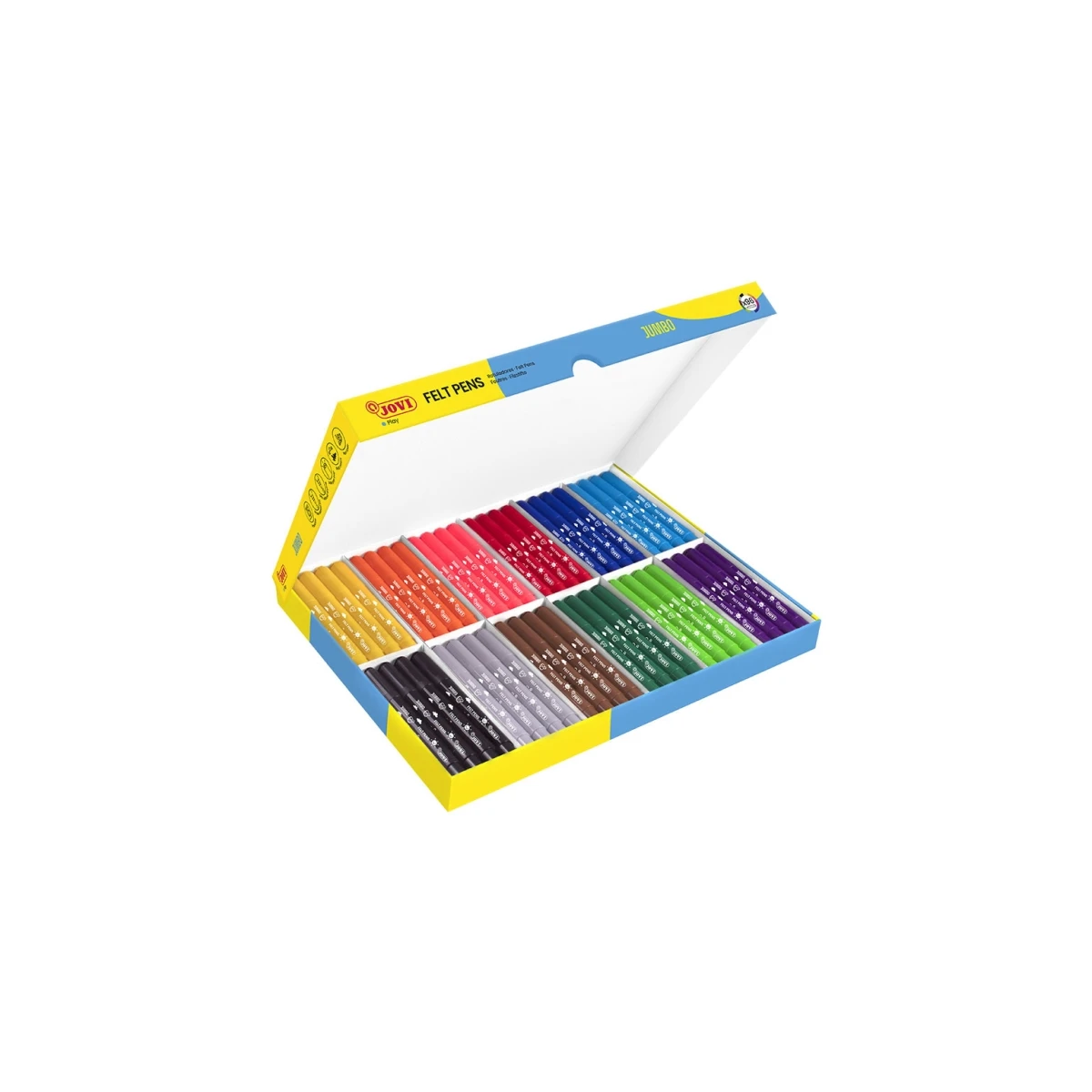 Canetas de feltro Jovi School Pack 96 marcadores Jumbo - Ponta resistente - Tampa ventilada - Pega ergonômica - Tinta de ótima fixação - Ideal para jardins de infância - Cores variadas