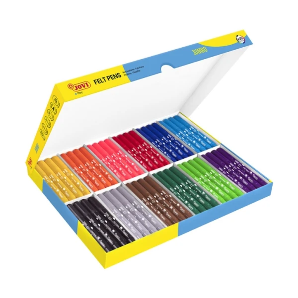 Canetas de feltro Jovi School Pack 96 marcadores Jumbo - Ponta resistente - Tampa ventilada - Pega ergonômica - Tinta de ótima fixação - Ideal para jardins de infância - Cores variadas
