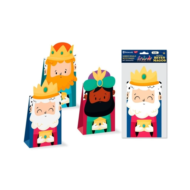 Pacote Bismark de 3 Sacolas/Envelopes de Papel - Fecho de Papelão com o Rosto de Cada Três Reis Magos
