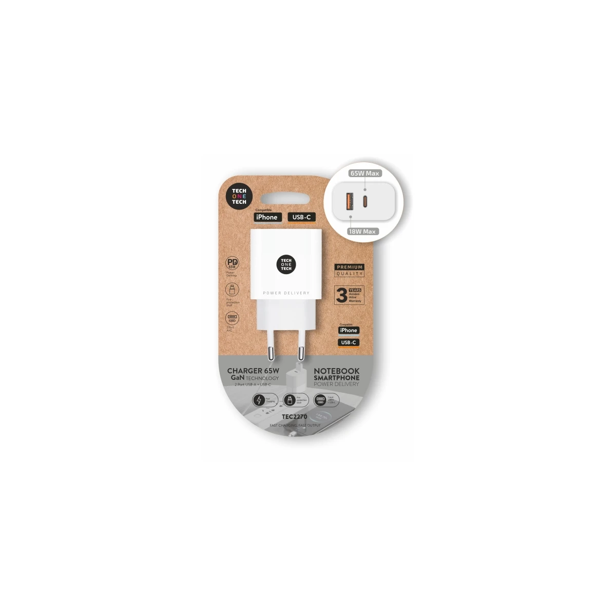Carregador de parede TechOneTech 65W PD com 1 porta USB-C + 1 porta USB-A