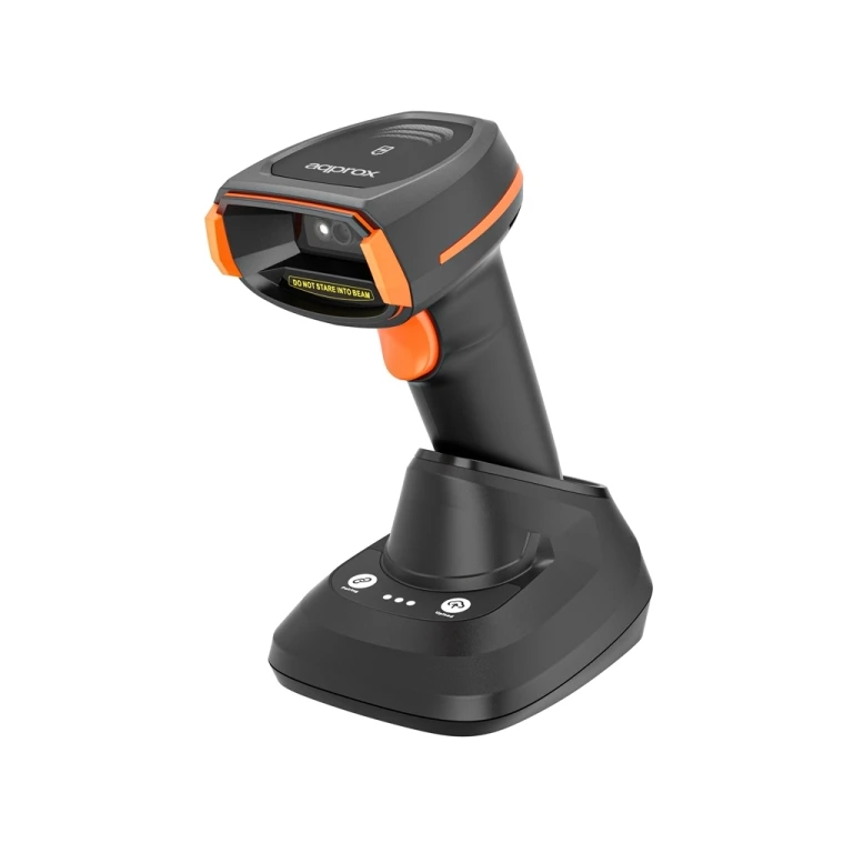 Leitor de código de barras 1D/2D sem fio Approx com base de carregamento - Indicador LED, bipe e vibração - Velocidade de digitalização de 60 fps - Disparo manual ou automático - Autonomia de até 12h - Cor preta/laranja