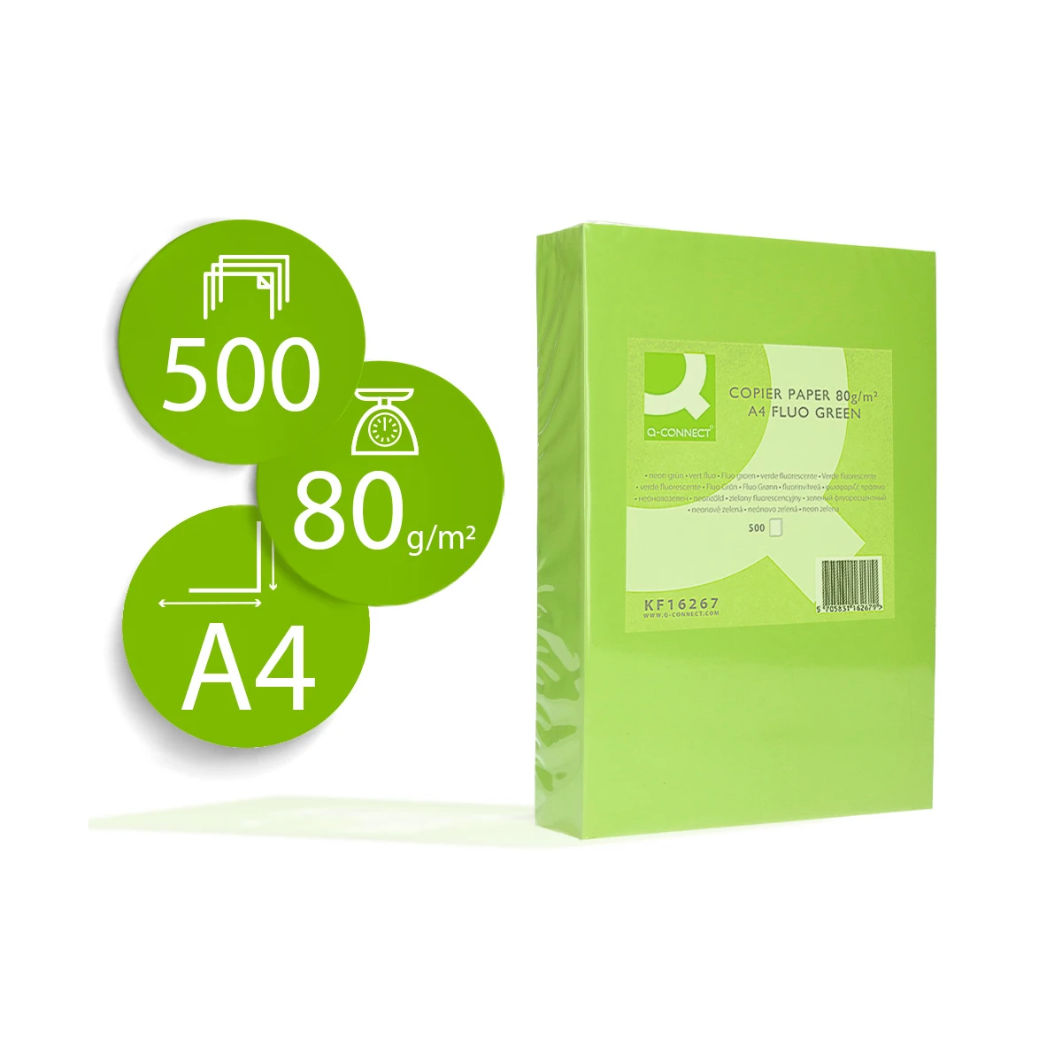 Papel de cor q-connect din a4 80 gr verde neon embalagem de 500 folhas