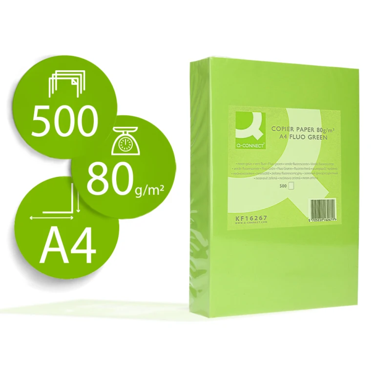 Papel de cor q-connect din a4 80 gr verde neon embalagem de 500 folhas