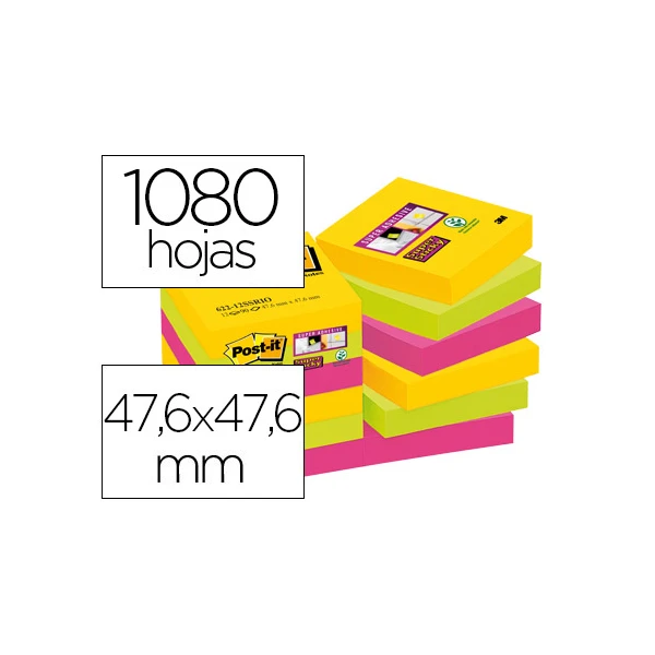 Bloco de notas adesivas post-it super sticky 47,6x47,6 mm com 90 folhas pack de 12 bloco cores sortidas