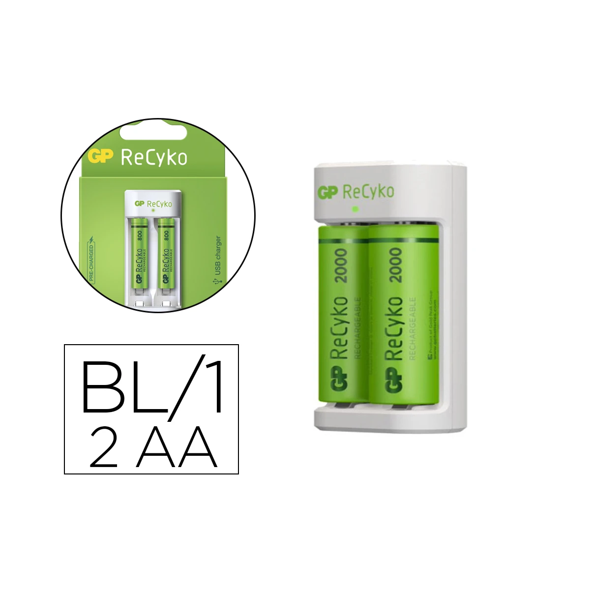 Carregador para pilhas recarregaveis gp aa/aaa inclui 2 pilhas aa 2100 mah entrada usb