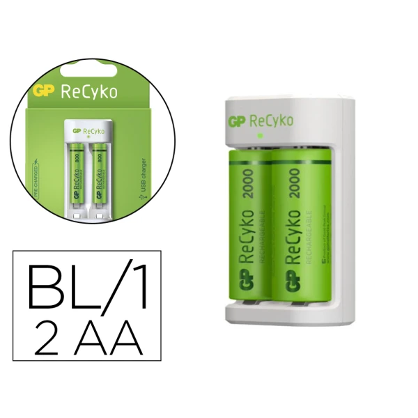 Carregador para pilhas recarregaveis gp aa/aaa inclui 2 pilhas aa 2100 mah entrada usb