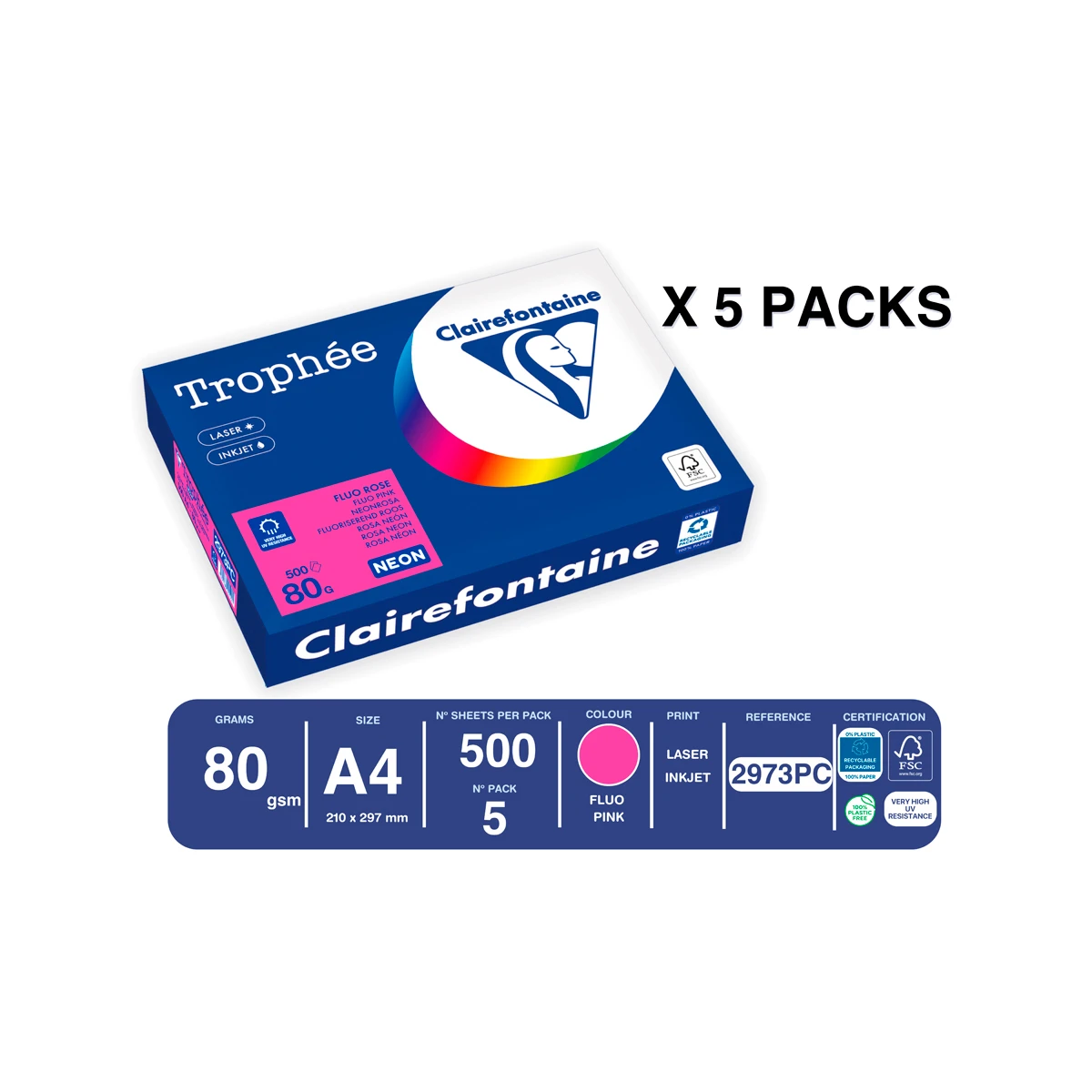 Papel cor trophee a4 80 gr rosa neon embalagem de 500 folhas