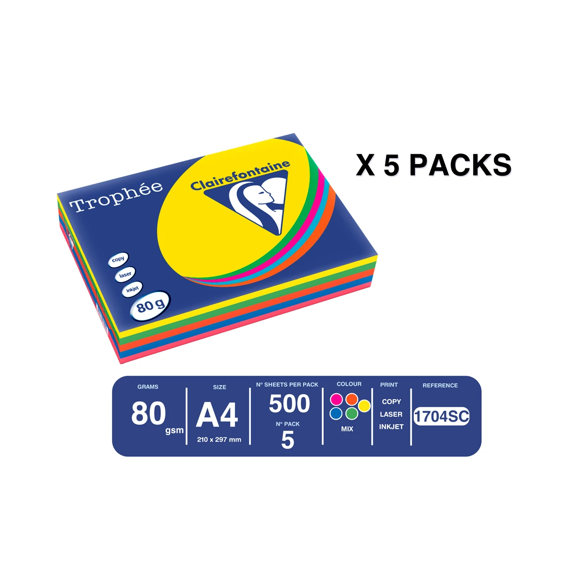 Papel cor trophee a4 80 gr 5 cores sortidas intensas embalagem de 500 folhas (100 folhas x cor)