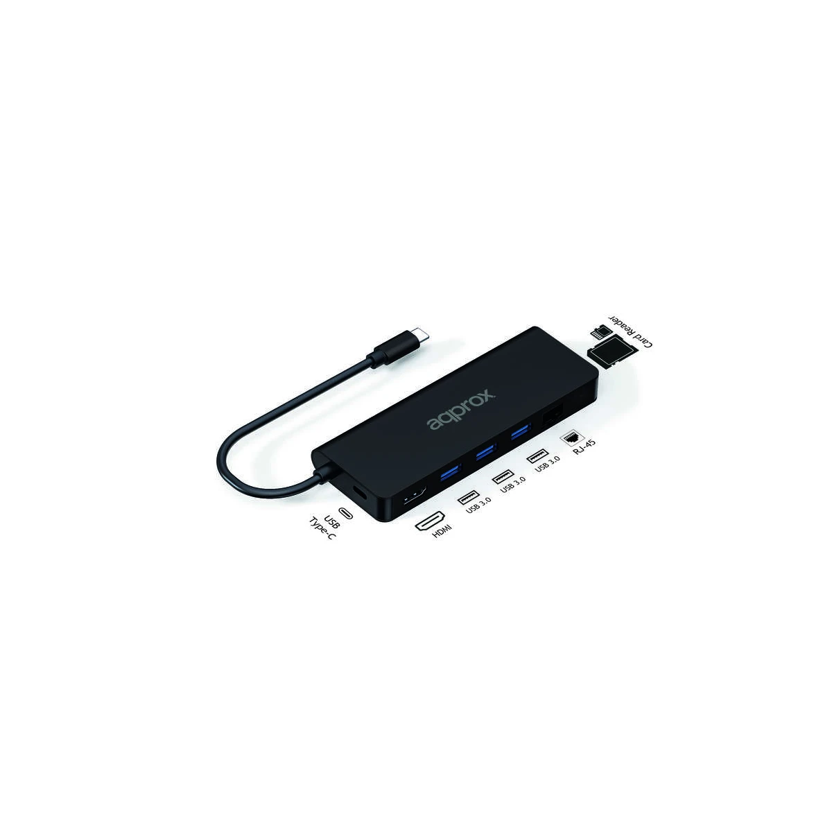 Aproximadamente 8 em 1 USB -C Hub -C com 3x USB -A 3.0 - 1X HDMI - 1X RJ -45 - 1X USB -C PD - Microsd e leitor Reader SD - 18cm Cabo de 18 cm