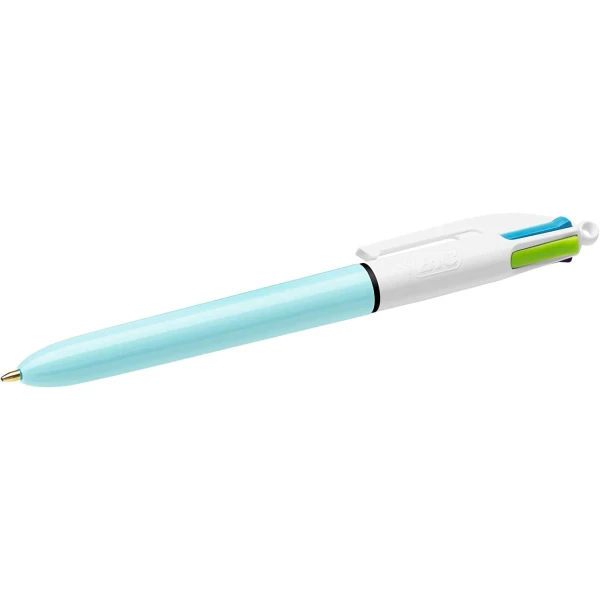 Caneta esferográfica retrátil divertida Bic 4 cores - ponta média de 1,0 mm - tinta à base de óleo - tinta colorida: rosa, roxo, turquesa e verde limão - corpo azul claro/branco