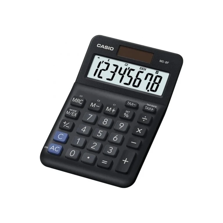 Calculadora de mesa Casio MS-8F com visor extra grande de 8 dígitos - Sinais de comando de função - Alimentada por energia solar e bateria - Cor preta